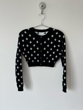 SMFK Cropped Jaquard Cardigan in Black with White Cross Pattern - Size S